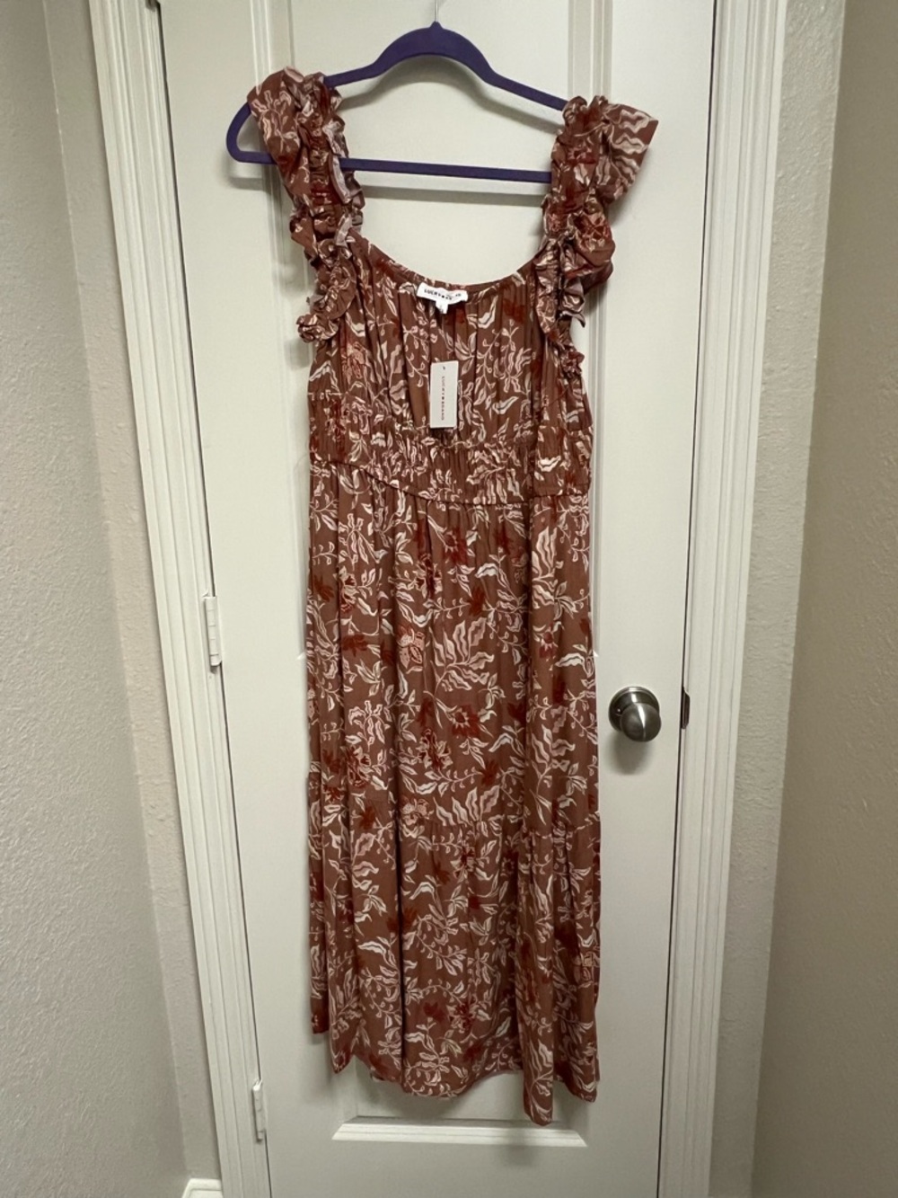 Lucky Brand Pinkish Brown Floral Smocked Maxi Dress Ruffle Straps - Size L